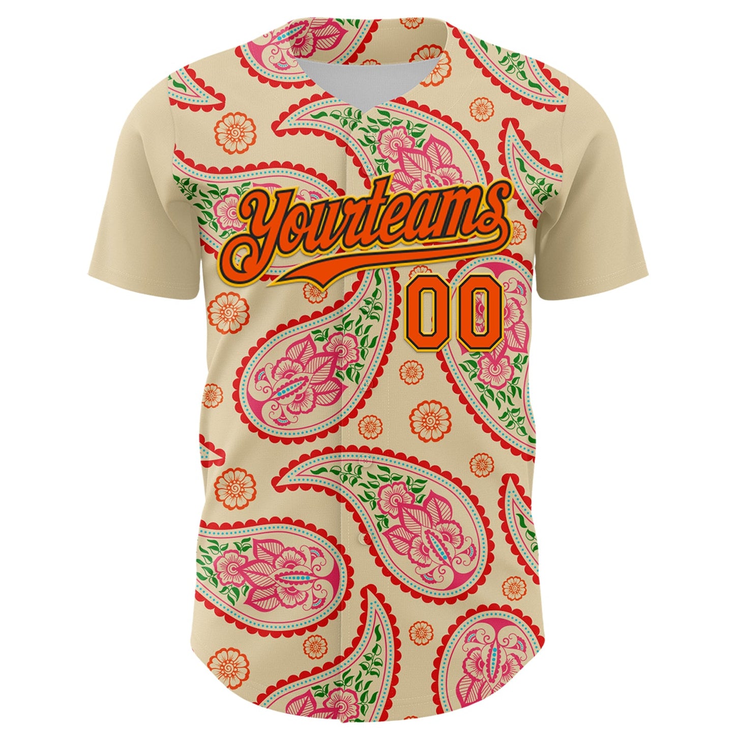 Custom Cream Orange Black-Yellow 3D Pattern Design Rave Party Paisley Bandana Authentic Baseball Jersey view 2
