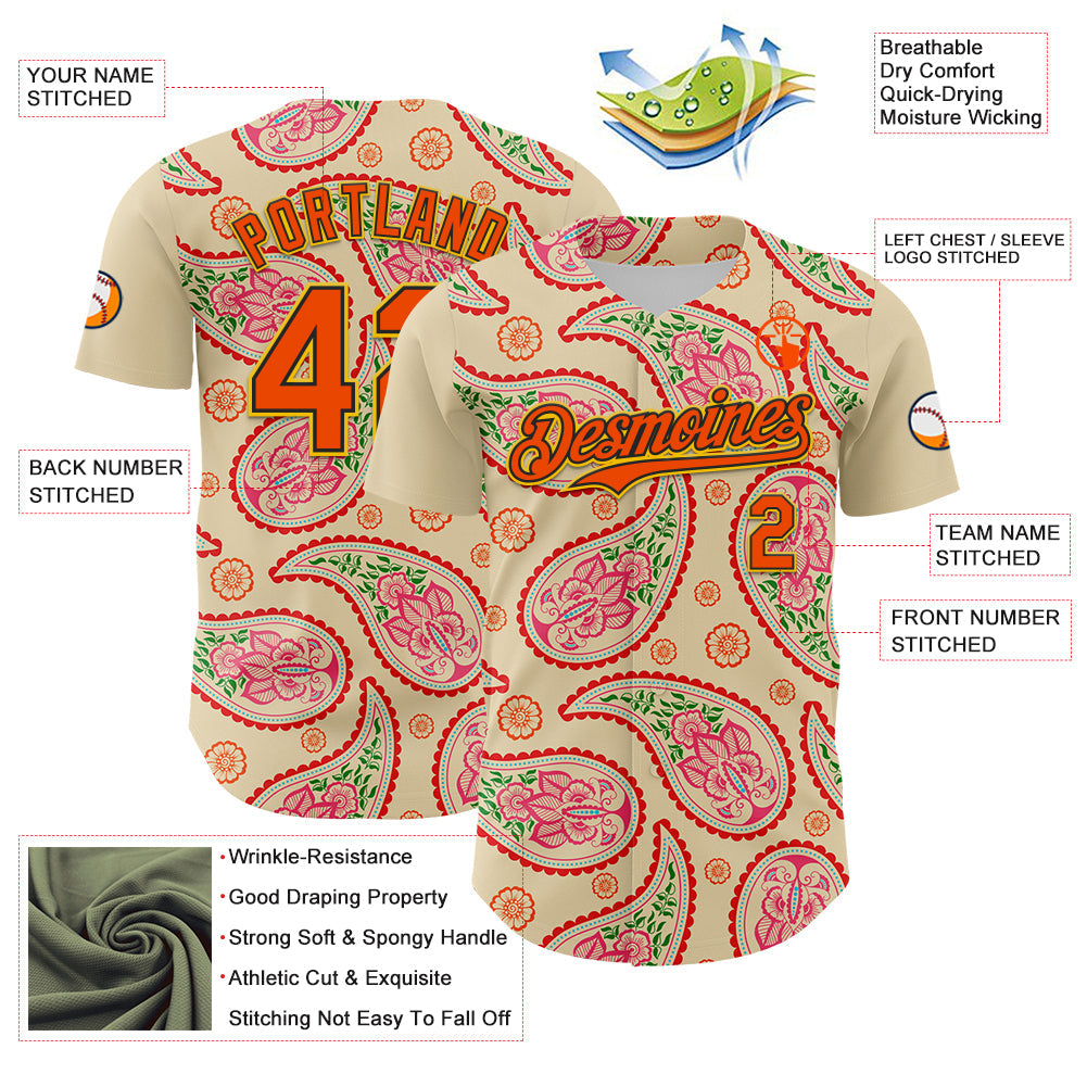 Custom Cream Orange Black-Yellow 3D Pattern Design Rave Party Paisley Bandana Authentic Baseball Jersey view 3