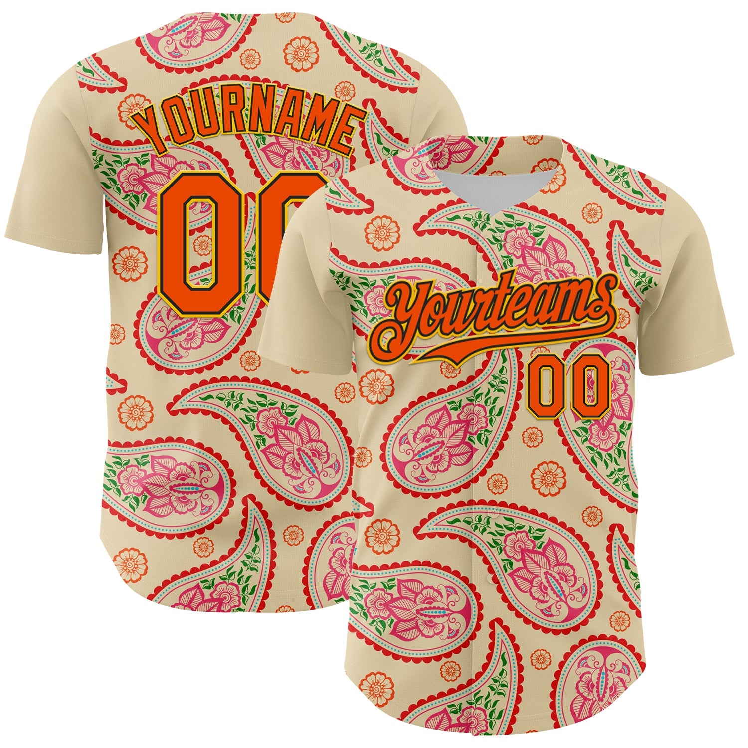 Custom Cream Orange Black-Yellow 3D Pattern Design Rave Party Paisley Bandana Authentic Baseball Jersey - Main View