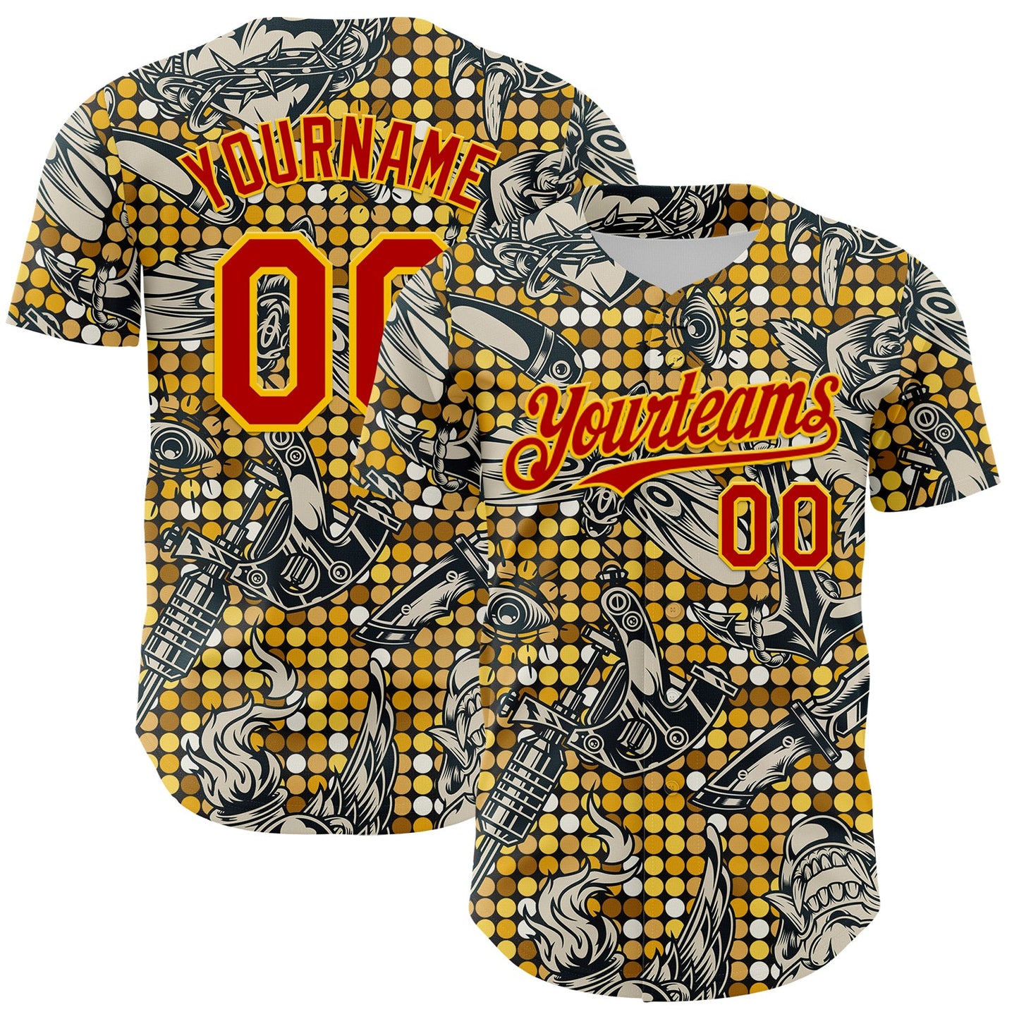 Custom Black Red-Yellow 3D Pattern Design Rave Party Tattoos Disco Authentic Baseball Jersey - Main View