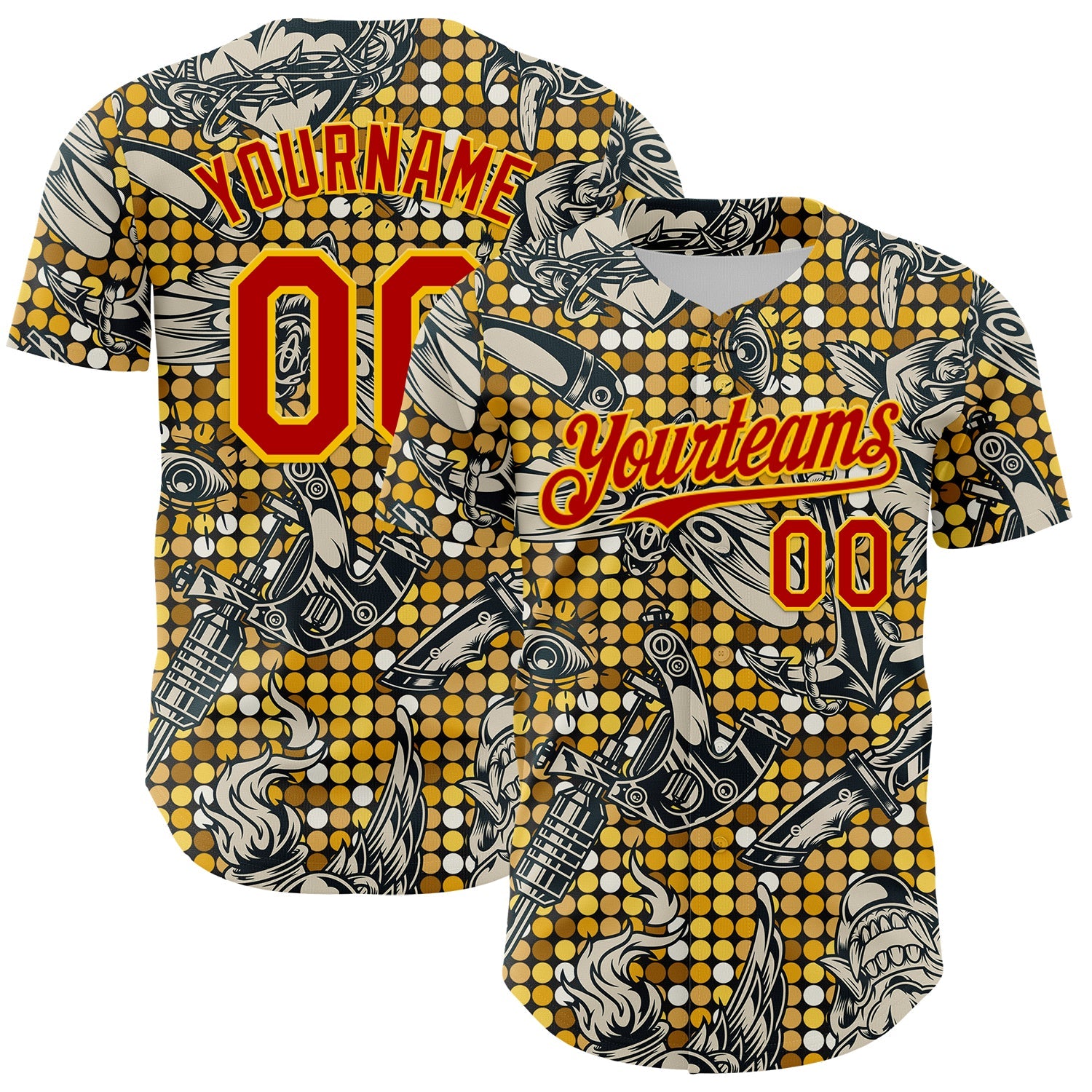 Custom Black Red-Yellow 3D Pattern Design Rave Party Tattoos Disco Authentic Baseball Jersey - Main View