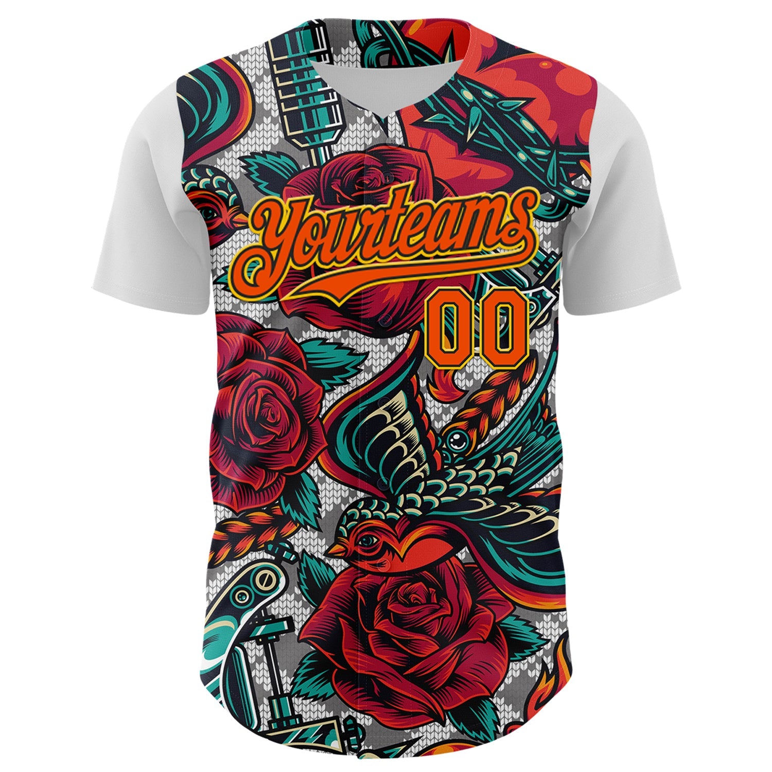 Custom White Orange Black-Yellow 3D Pattern Design Rave Party Roses Vintage Tattoos Authentic Baseball Jersey view 2