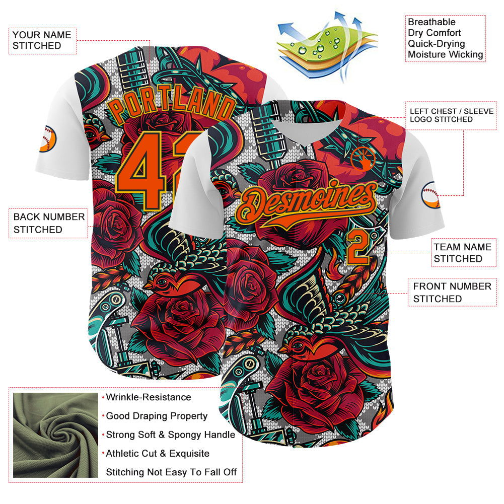 Custom White Orange Black-Yellow 3D Pattern Design Rave Party Roses Vintage Tattoos Authentic Baseball Jersey view 3