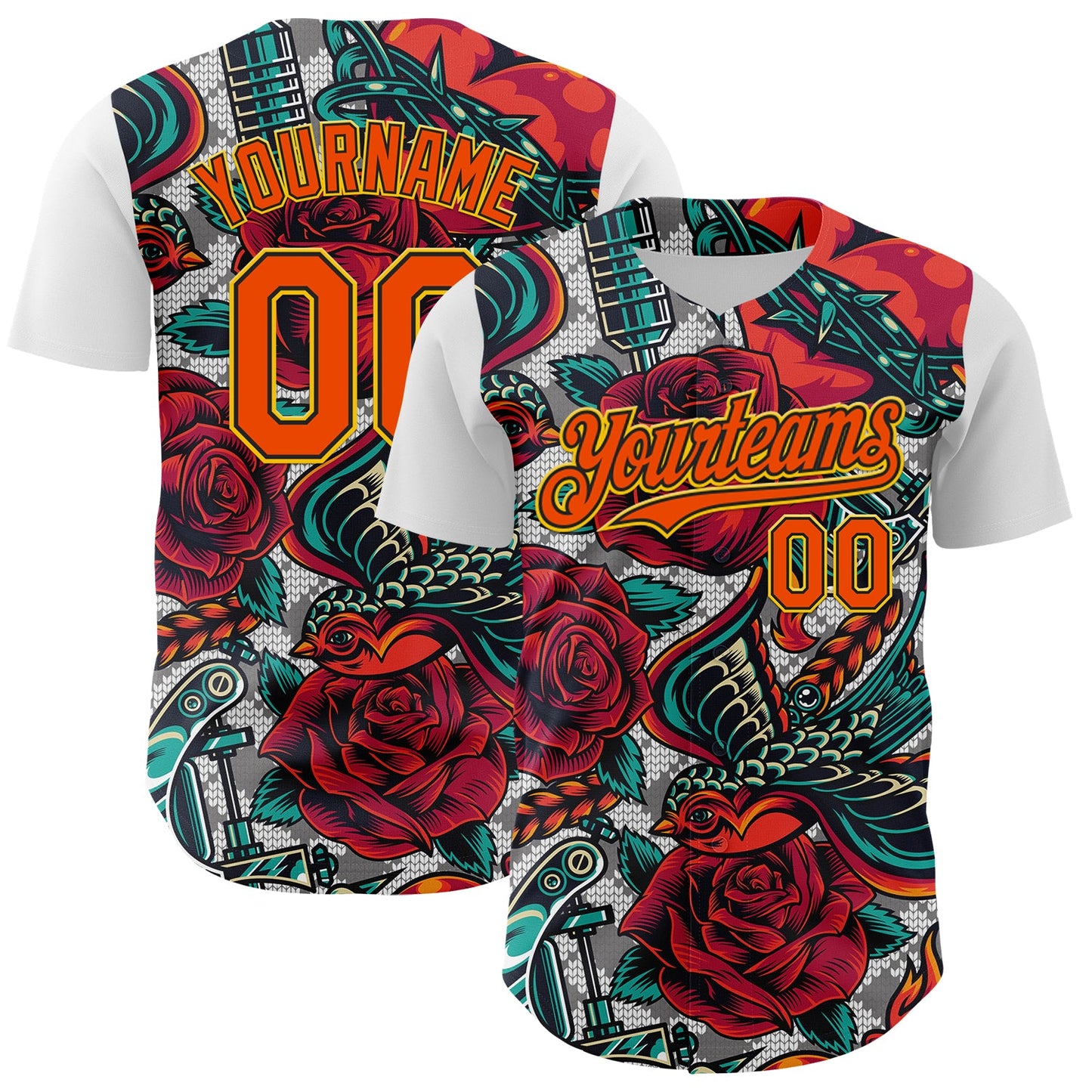 Custom White Orange Black-Yellow 3D Pattern Design Rave Party Roses Vintage Tattoos Authentic Baseball Jersey - Main View