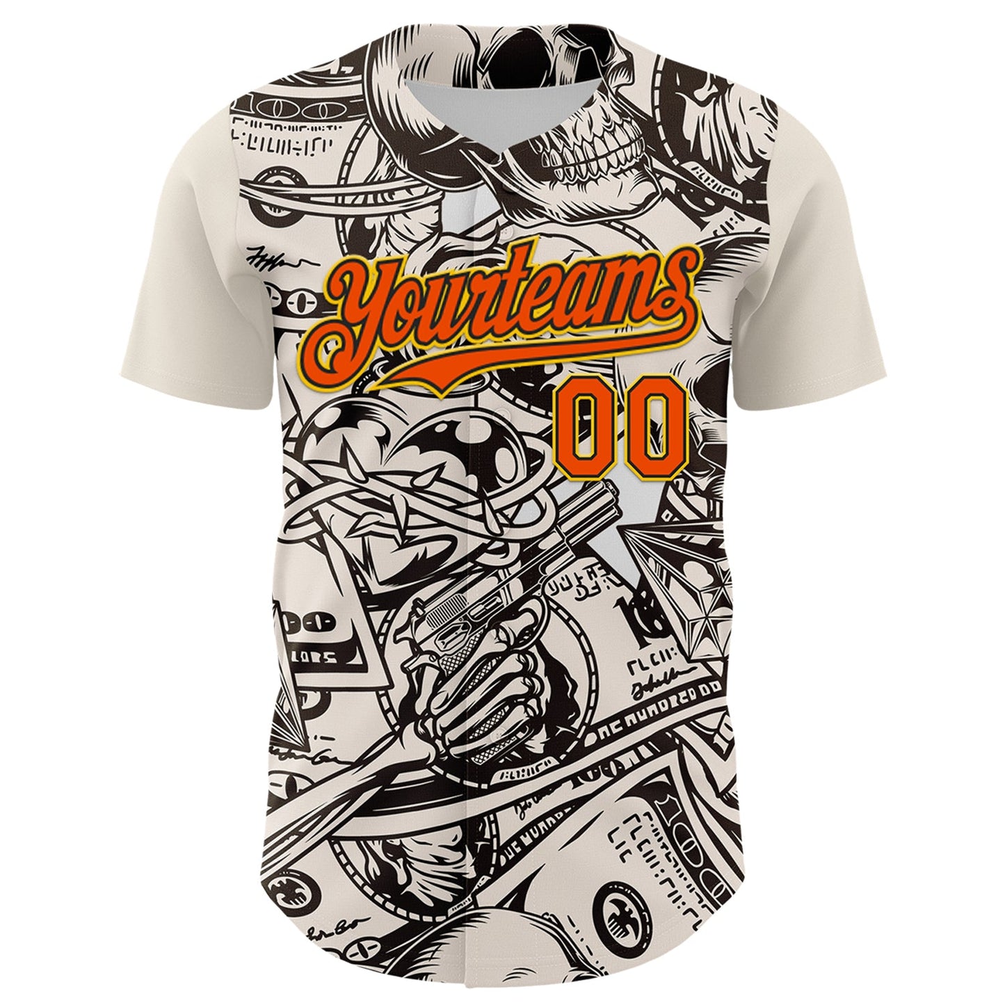 Custom White Orange Black-Yellow 3D Pattern Design Rave Party Vintage Cash Money Authentic Baseball Jersey view 2