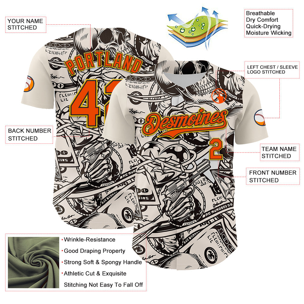 Custom White Orange Black-Yellow 3D Pattern Design Rave Party Vintage Cash Money Authentic Baseball Jersey view 3