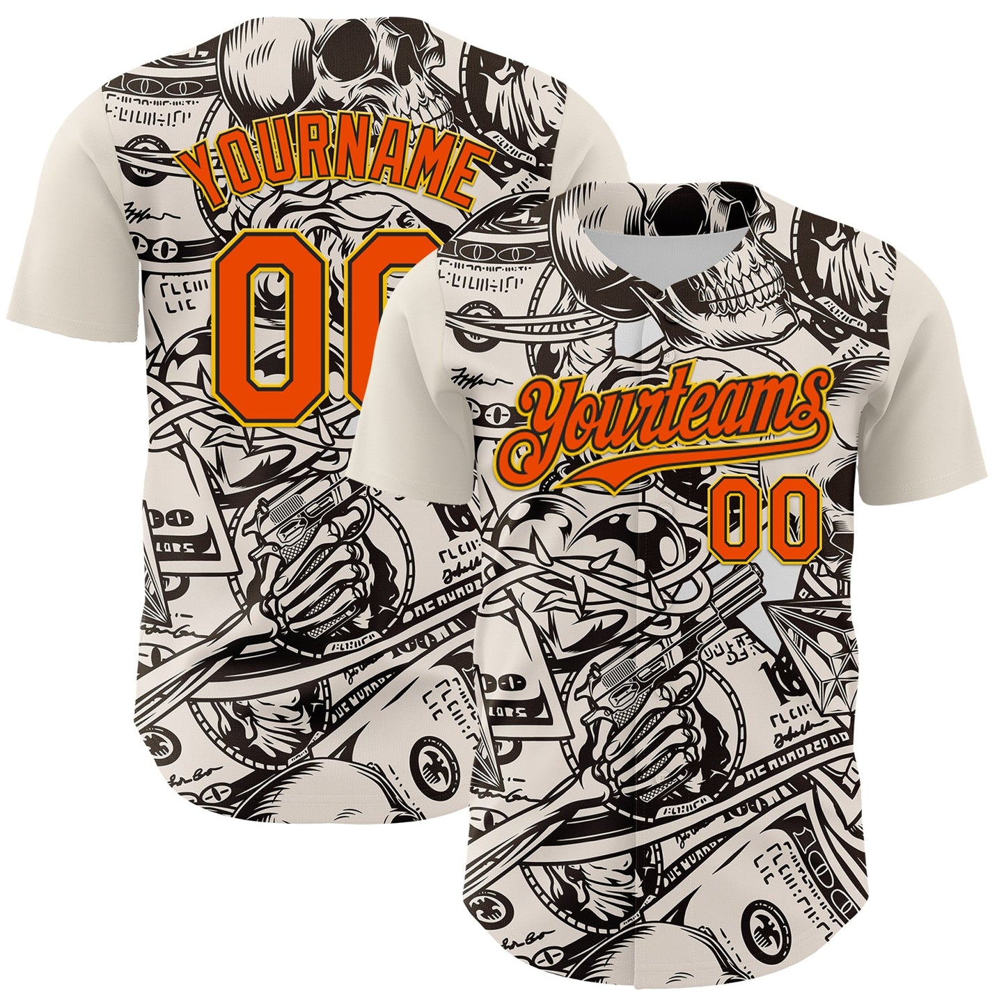Custom White Orange Black-Yellow 3D Pattern Design Rave Party Vintage Cash Money Authentic Baseball Jersey - Main View
