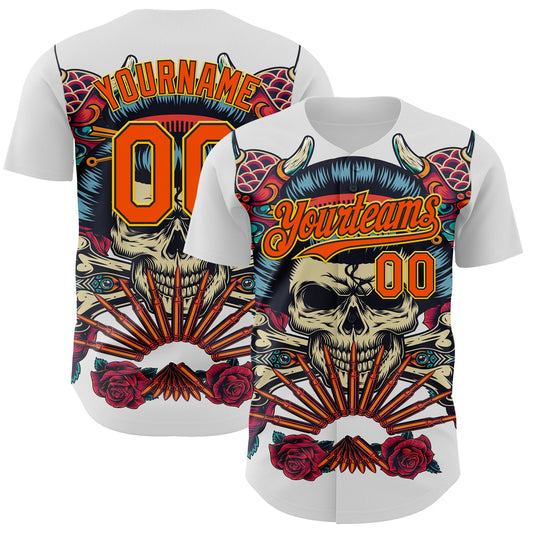 Custom White Orange Black-Yellow 3D Pattern Design Rave Party Vintage Geisha Skull Authentic Baseball Jersey - Main View