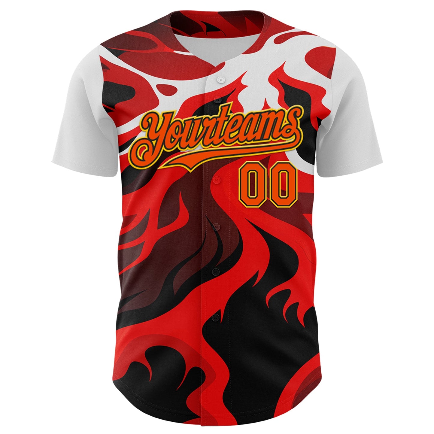 Custom White Orange Black-Yellow 3D Pattern Design Rave Party Flame Lava Authentic Baseball Jersey view 2