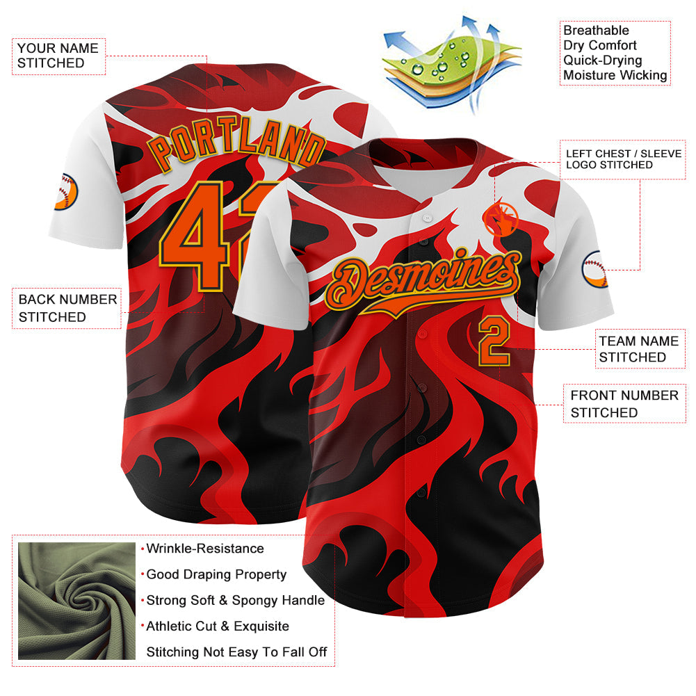 Custom White Orange Black-Yellow 3D Pattern Design Rave Party Flame Lava Authentic Baseball Jersey view 3