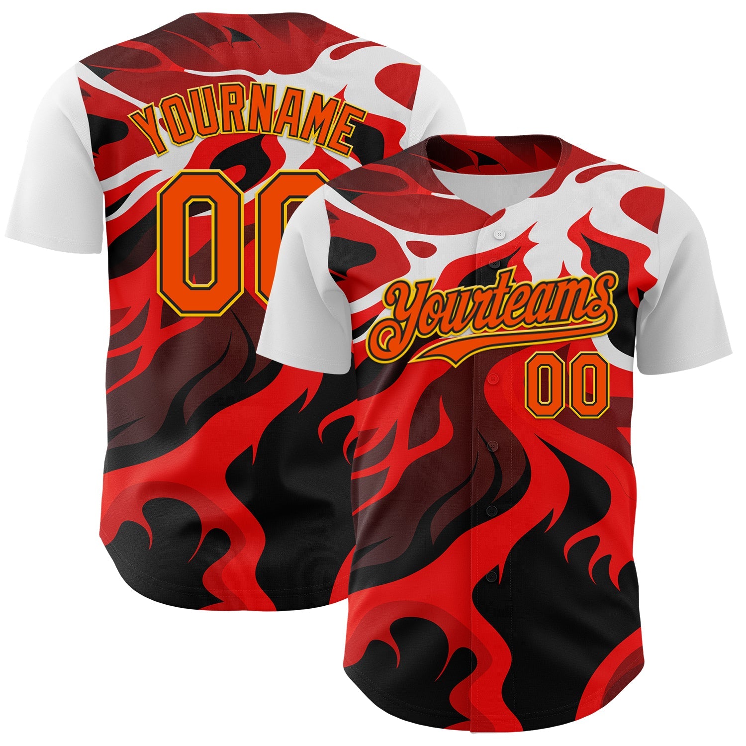 Custom White Orange Black-Yellow 3D Pattern Design Rave Party Flame Lava Authentic Baseball Jersey - Main View