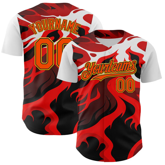 Custom White Orange Black-Yellow 3D Pattern Design Rave Party Flame Lava Authentic Baseball Jersey - Main View