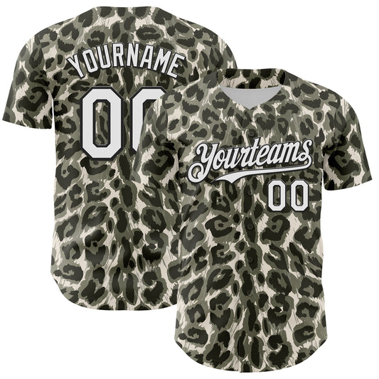 Custom Cream White-Black 3D Pattern Design Rave Party Animal Leopard Print Authentic Baseball Jersey - Main View