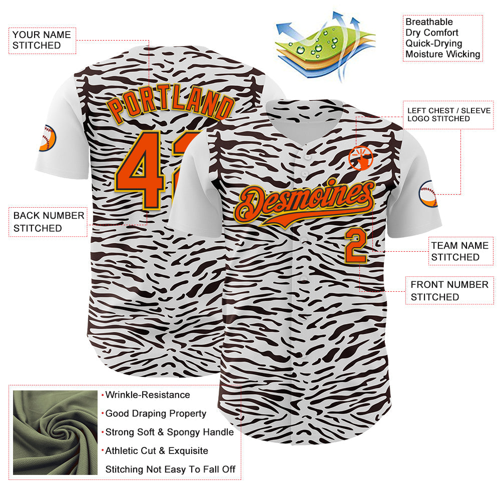 Custom White Orange Black-Yellow 3D Pattern Design Rave Party Animal Zebra Print Authentic Baseball Jersey view 3
