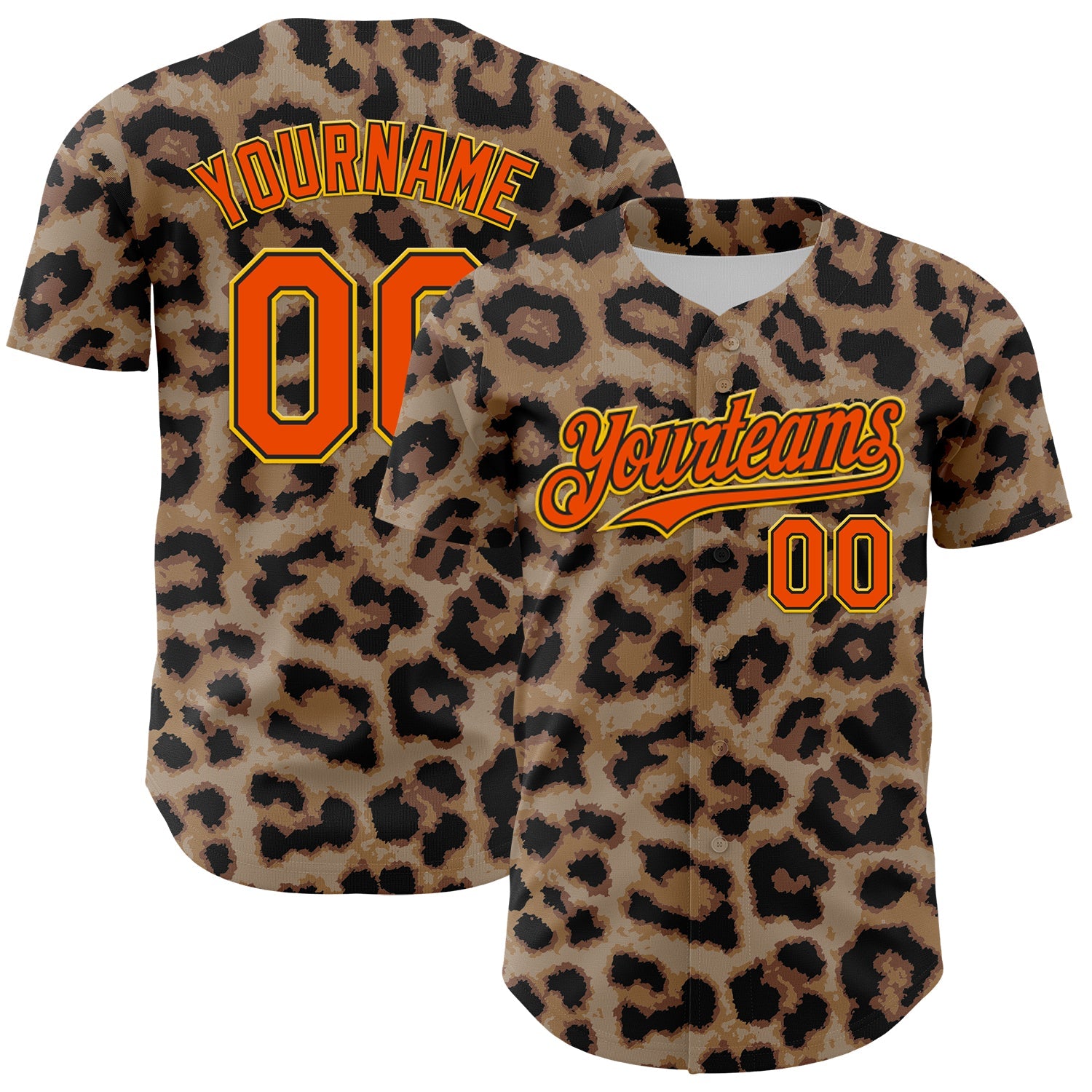 Custom Brown Orange Black-Yellow 3D Pattern Design Rave Party Animal Leopard Print Authentic Baseball Jersey - Main View
