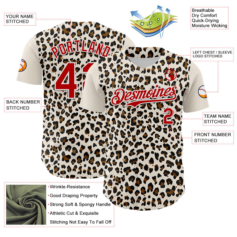 Custom Cream Red-White 3D Pattern Design Rave Party Animal Leopard Print Authentic Baseball Jersey view 3