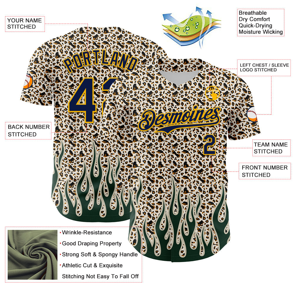 Custom Cream Navy-Gold 3D Pattern Design Rave Party Animal Leopard Print Authentic Baseball Jersey view 3