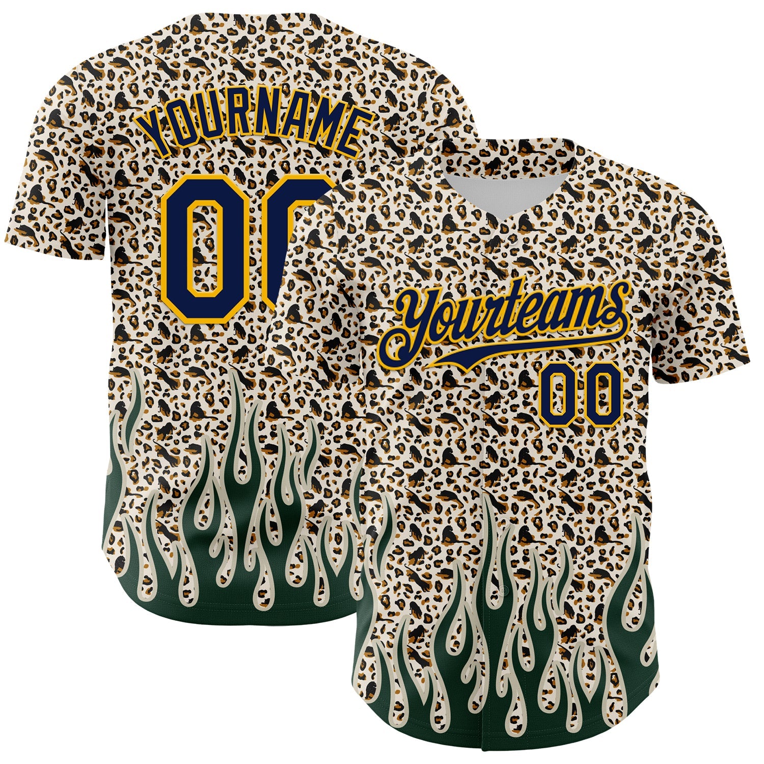 Custom Cream Navy-Gold 3D Pattern Design Rave Party Animal Leopard Print Authentic Baseball Jersey - Main View