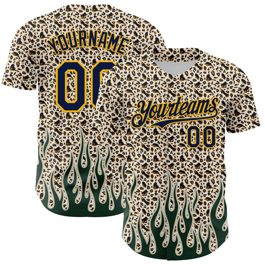 Custom Cream Navy-Gold 3D Pattern Design Rave Party Animal Leopard Print Authentic Baseball Jersey - Main View