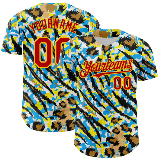 Custom White Red-Gold 3D Pattern Design Rave Party Animal Tiger And Leopard Print Authentic Baseball Jersey - Main View