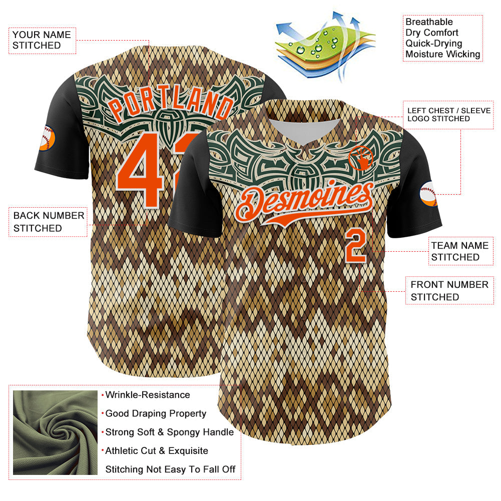 Custom Black Orange-White 3D Pattern Design Rave Party Animal Snake Python Print Authentic Baseball Jersey view 3