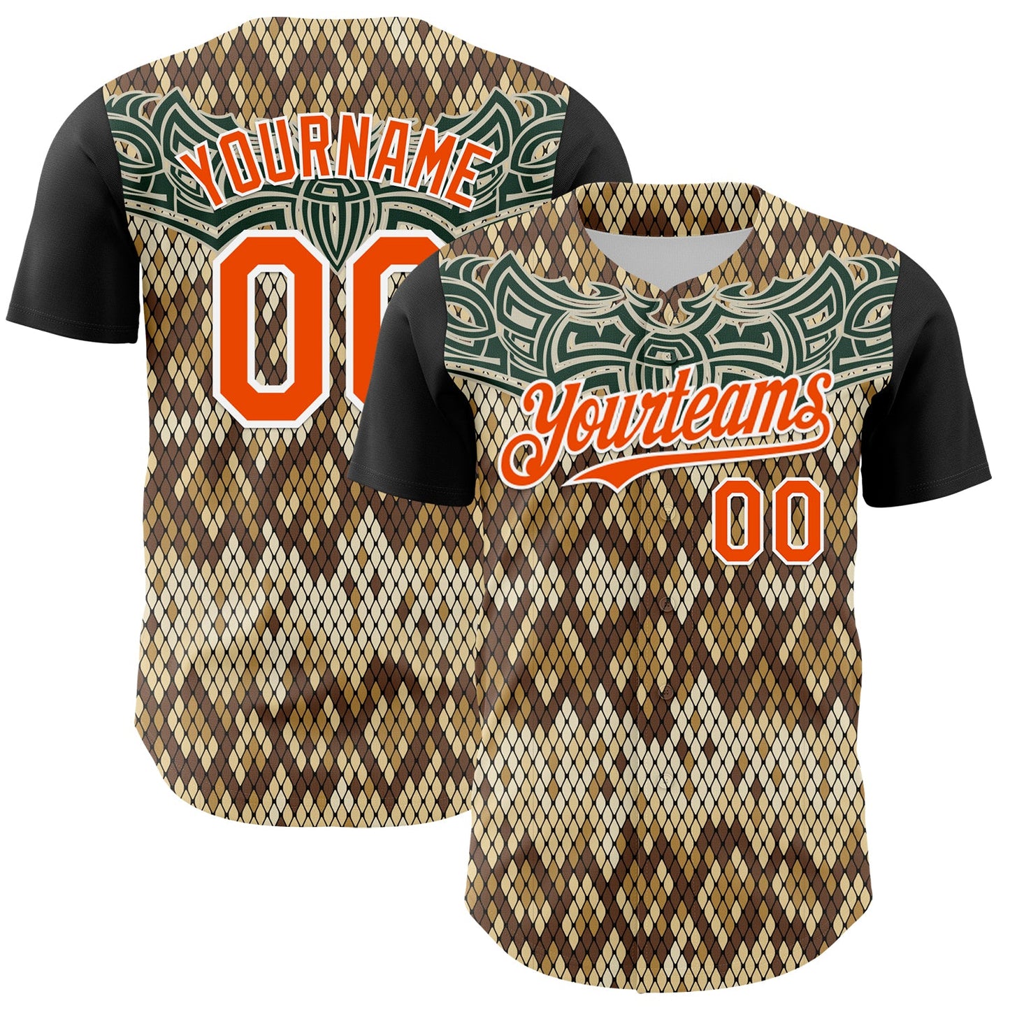 Custom Black Orange-White 3D Pattern Design Rave Party Animal Snake Python Print Authentic Baseball Jersey - Main View