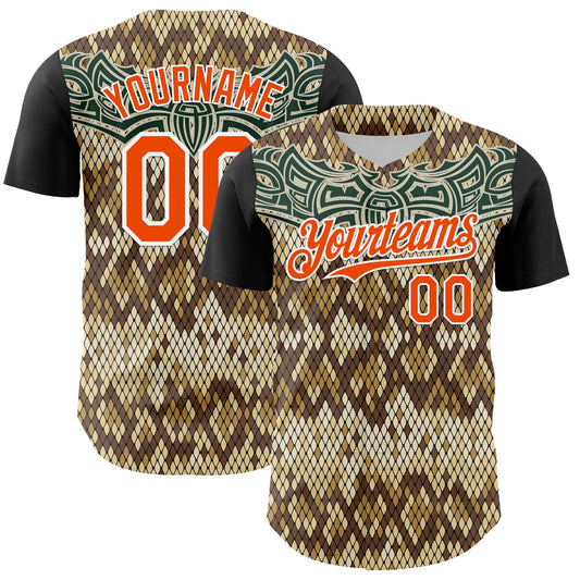 Custom Black Orange-White 3D Pattern Design Rave Party Animal Snake Python Print Authentic Baseball Jersey - Main View