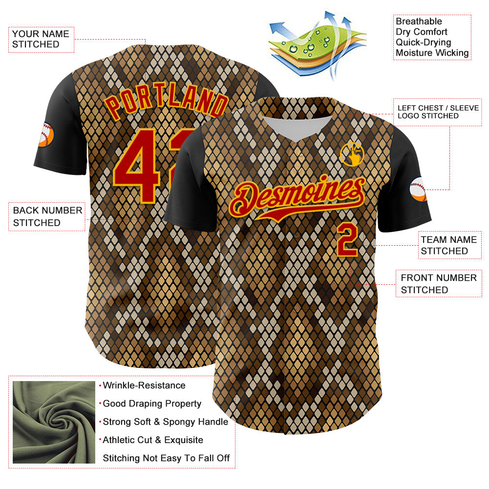 Custom Black Red-Gold 3D Pattern Design Rave Party Animal Snake Python Print Authentic Baseball Jersey view 3