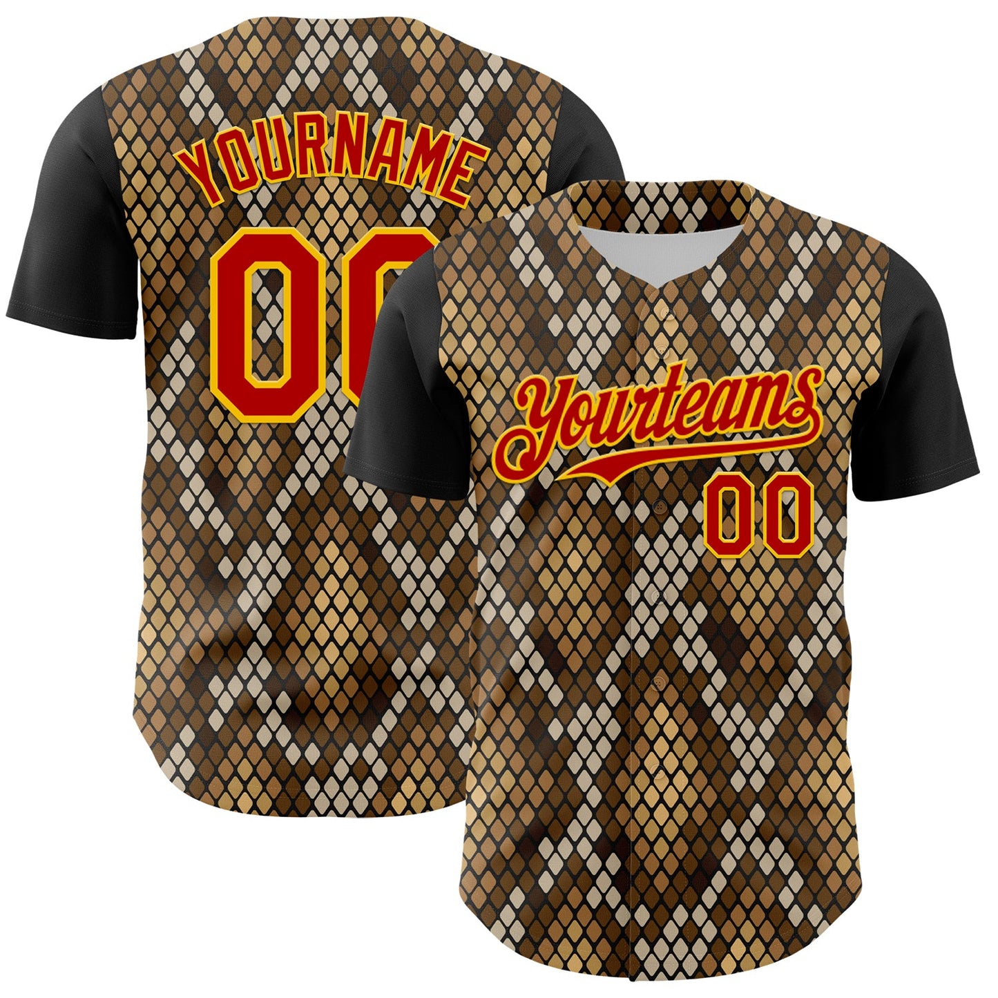 Custom Black Red-Gold 3D Pattern Design Rave Party Animal Snake Python Print Authentic Baseball Jersey - Main View