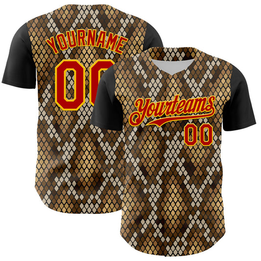 Custom Black Red-Gold 3D Pattern Design Rave Party Animal Snake Python Print Authentic Baseball Jersey - Main View