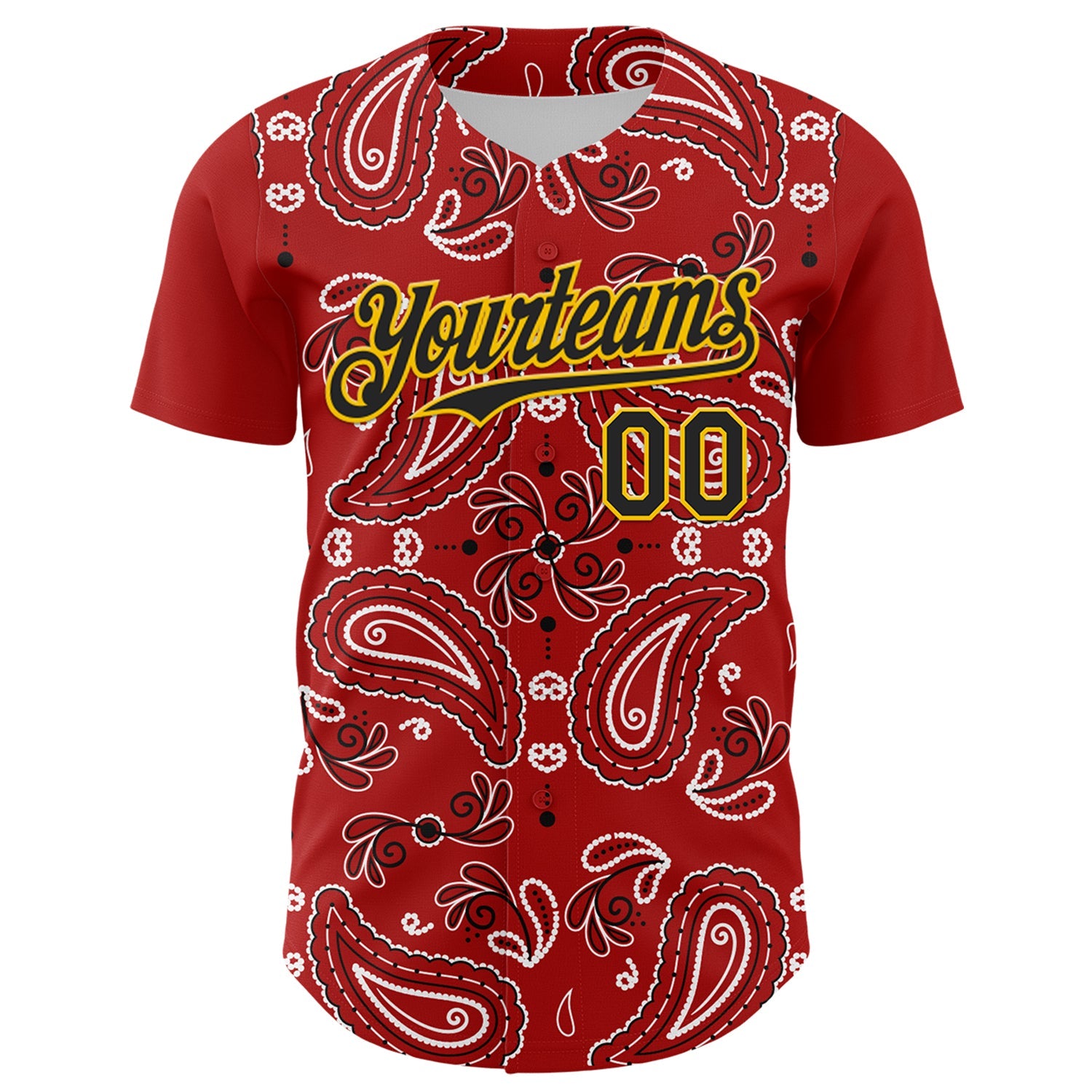 Custom Red Black-Gold 3D Pattern Design Rave Party Paisley Bandana Authentic Baseball Jersey view 2