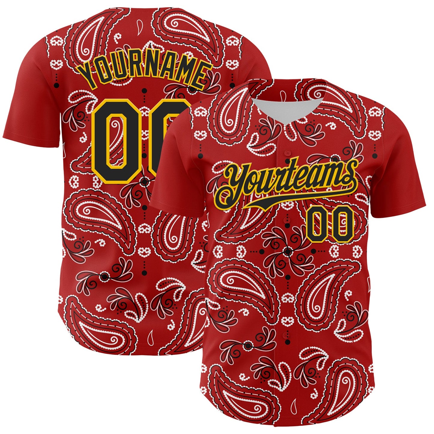 Custom Red Black-Gold 3D Pattern Design Rave Party Paisley Bandana Authentic Baseball Jersey - Main View