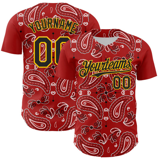 Custom Red Black-Gold 3D Pattern Design Rave Party Paisley Bandana Authentic Baseball Jersey - Main View