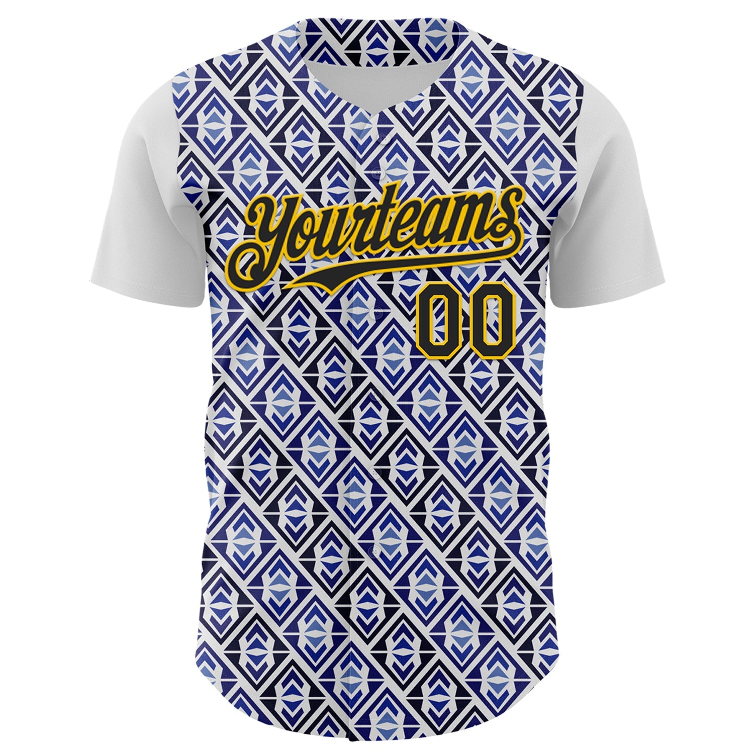 Custom White Black Royal-Gold 3D Pattern Design Rave Party Monogram Geometric Shape Authentic Baseball Jersey view 2