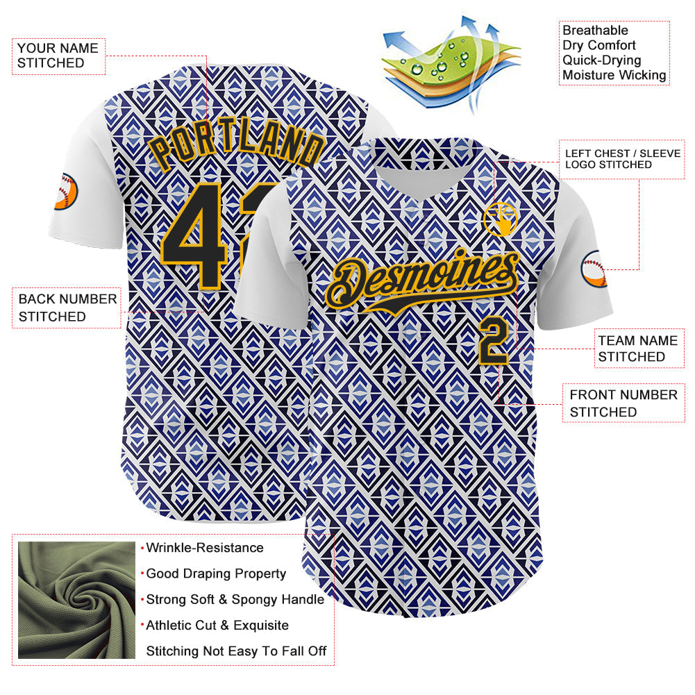 Custom White Black Royal-Gold 3D Pattern Design Rave Party Monogram Geometric Shape Authentic Baseball Jersey view 3