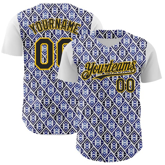 Custom White Black Royal-Gold 3D Pattern Design Rave Party Monogram Geometric Shape Authentic Baseball Jersey - Main View