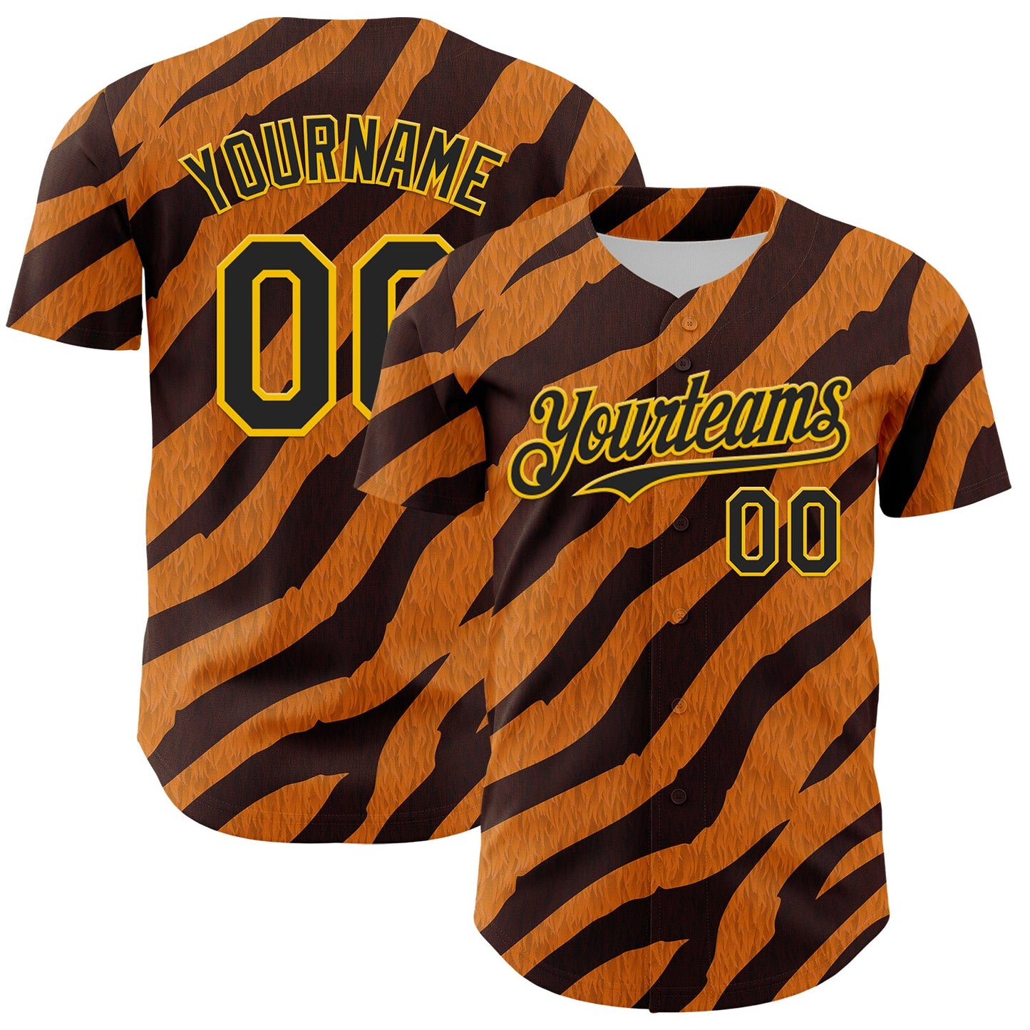 Custom Orange Black-Gold 3D Pattern Design Rave Party Tiger Print Authentic Baseball Jersey - Main View