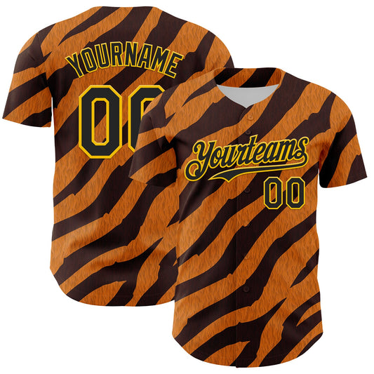 Custom Orange Black-Gold 3D Pattern Design Rave Party Tiger Print Authentic Baseball Jersey - Main View
