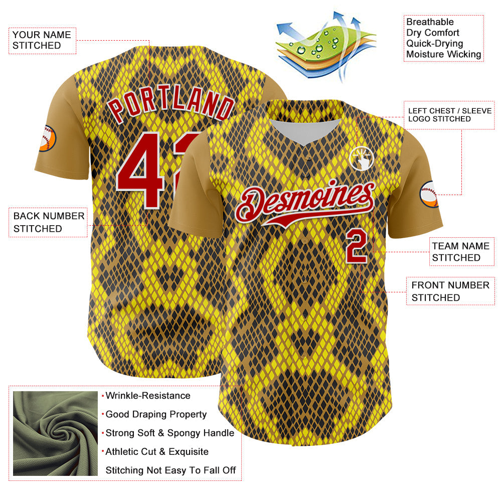 Custom Yellow Red Black-White 3D Pattern Design Rave Party Animal Snake Python Print Authentic Baseball Jersey view 3
