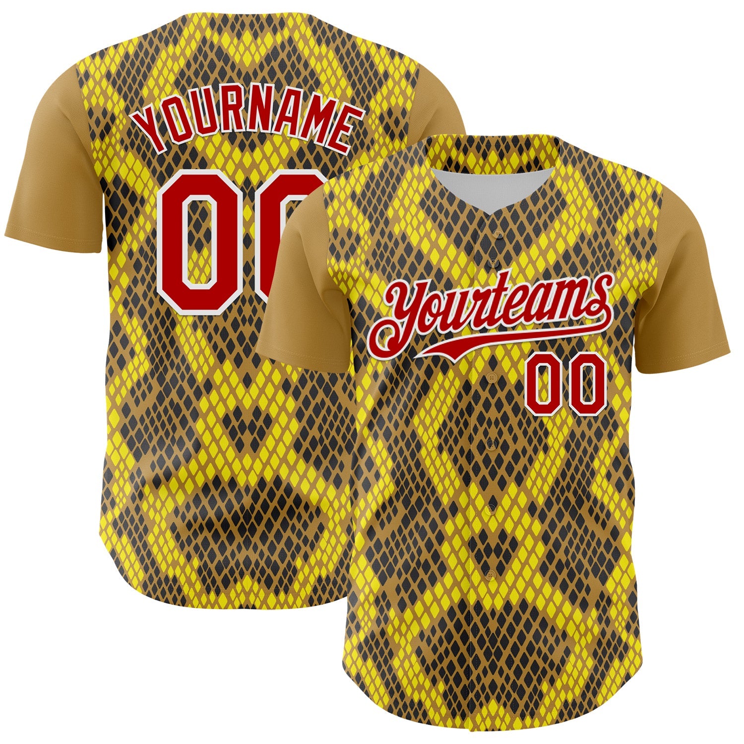Custom Yellow Red Black-White 3D Pattern Design Rave Party Animal Snake Python Print Authentic Baseball Jersey - Main View