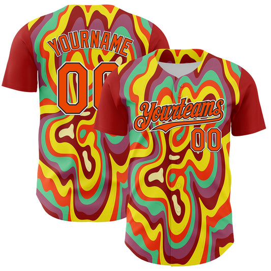 Custom Red Orange Black-White 3D Pattern Design Rave Party Marble Lava Authentic Baseball Jersey - Main View
