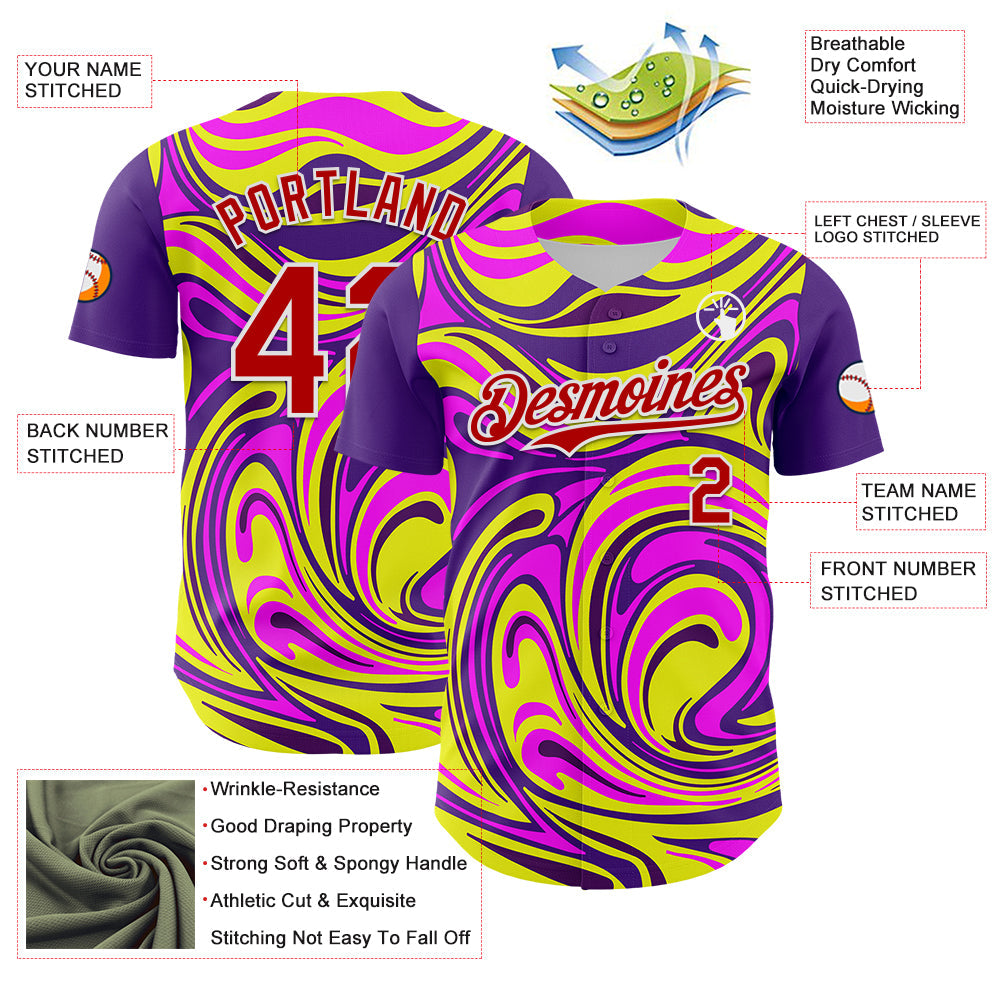 Custom Purple Red-White 3D Pattern Design Rave Party Marble Lava Authentic Baseball Jersey view 3