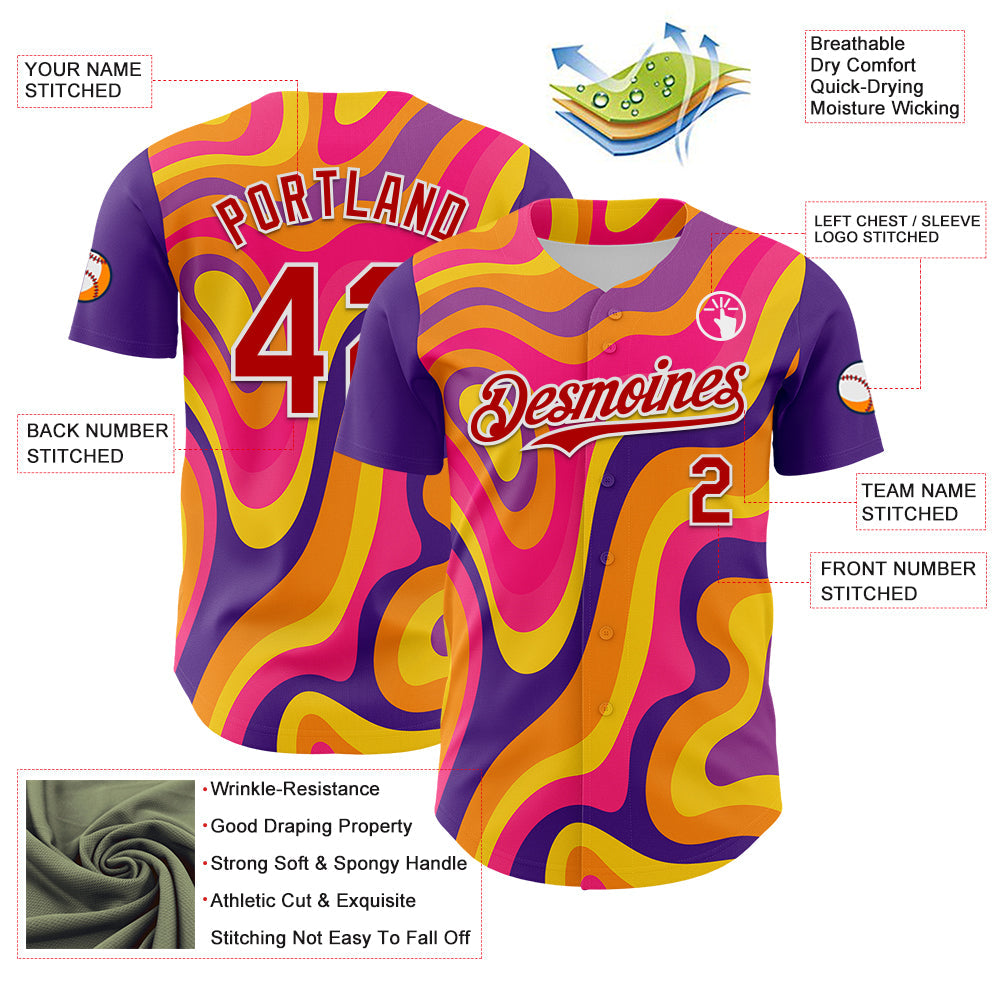 Custom Purple Red-White 3D Pattern Design Rave Party Marble Lava Authentic Baseball Jersey view 3