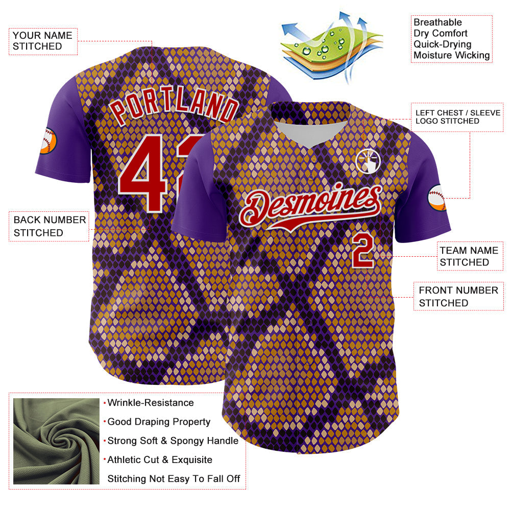Custom Purple Red-White 3D Pattern Design Rave Party Animal Snake Python Print Authentic Baseball Jersey view 3