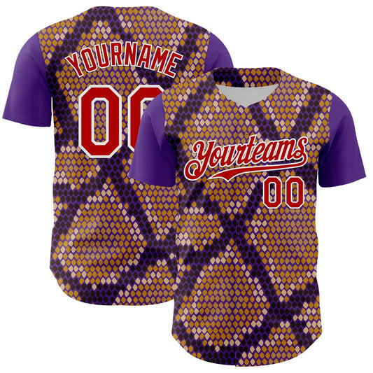 Custom Purple Red-White 3D Pattern Design Rave Party Animal Snake Python Print Authentic Baseball Jersey - Main View
