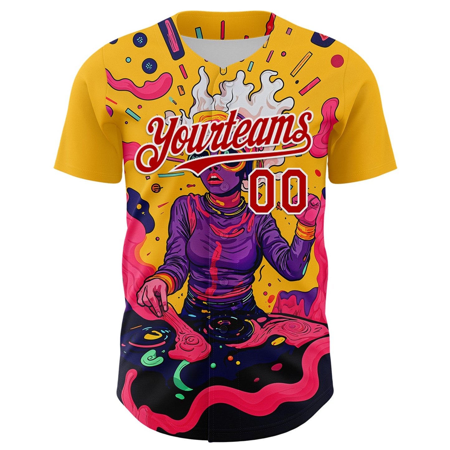 Custom Gold Red-White 3D Pattern Design Rave Party Trippy Disco Authentic Baseball Jersey view 2
