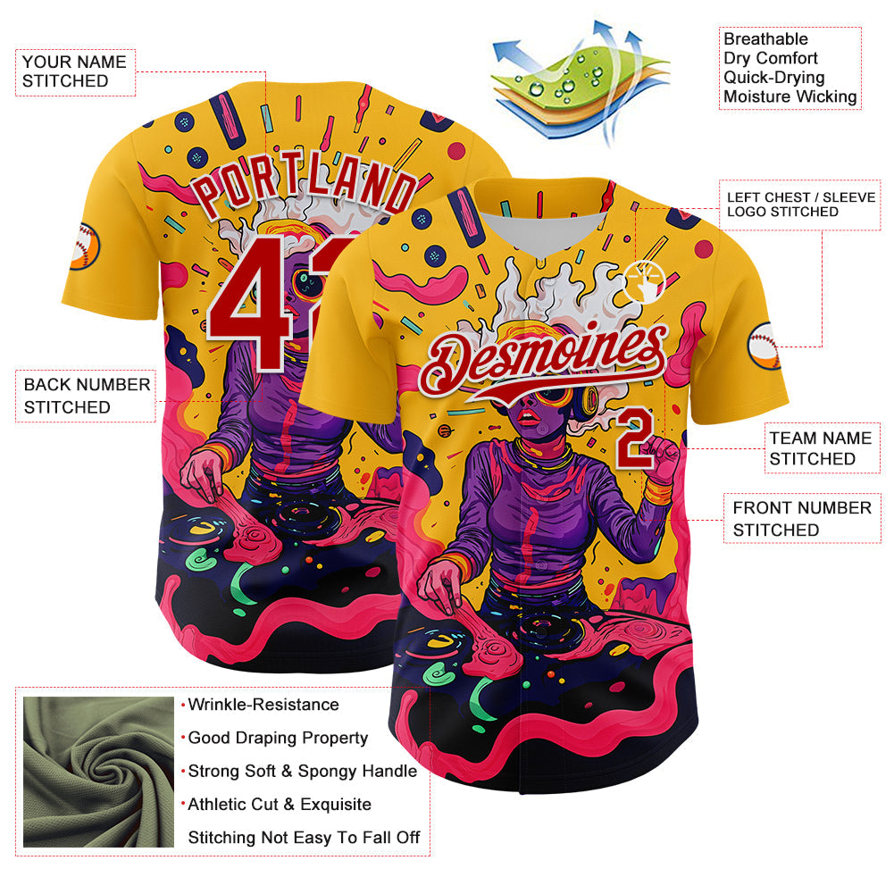 Custom Gold Red-White 3D Pattern Design Rave Party Trippy Disco Authentic Baseball Jersey view 3