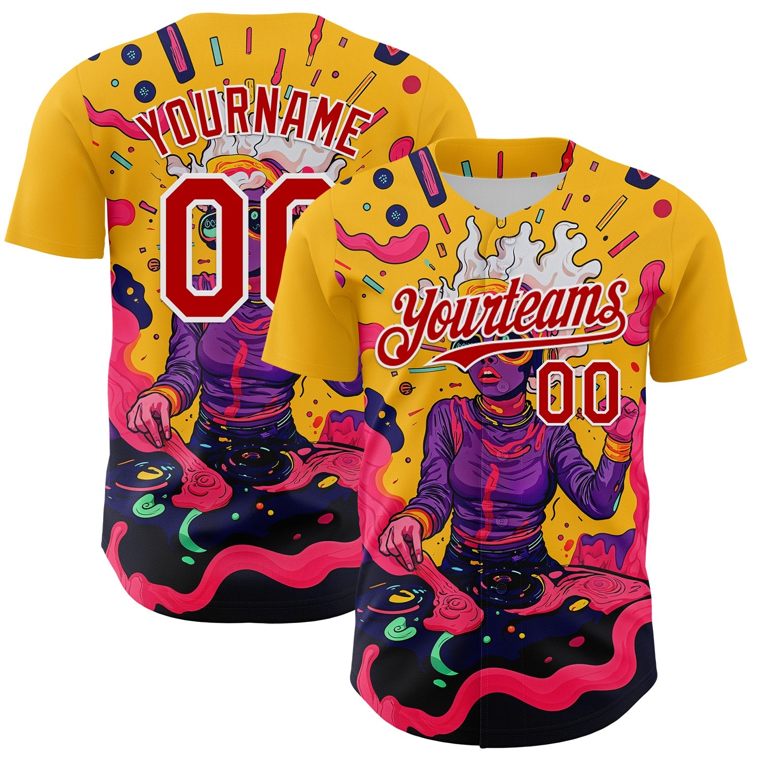 Custom Gold Red-White 3D Pattern Design Rave Party Trippy Disco Authentic Baseball Jersey - Main View