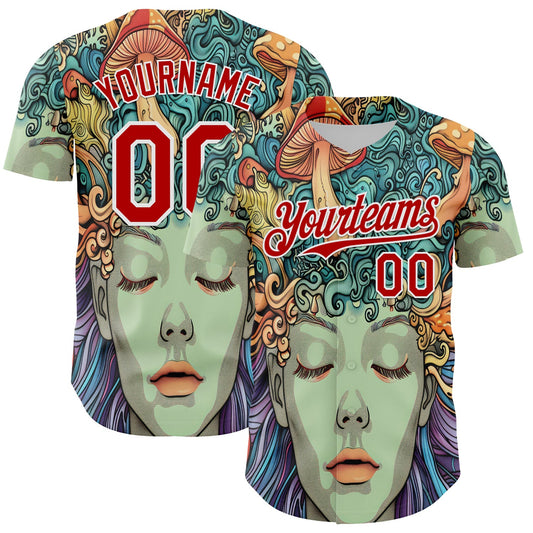 Custom Green Red-White 3D Pattern Design Rave Party Trippy Magic Mushroom Authentic Baseball Jersey - Main View