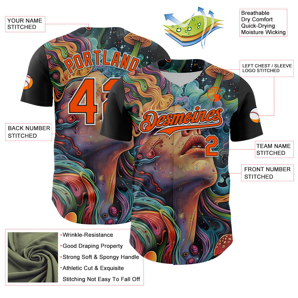 Custom Green Orange Black-White 3D Pattern Design Rave Party Trippy Magic Mushroom Authentic Baseball Jersey view 3